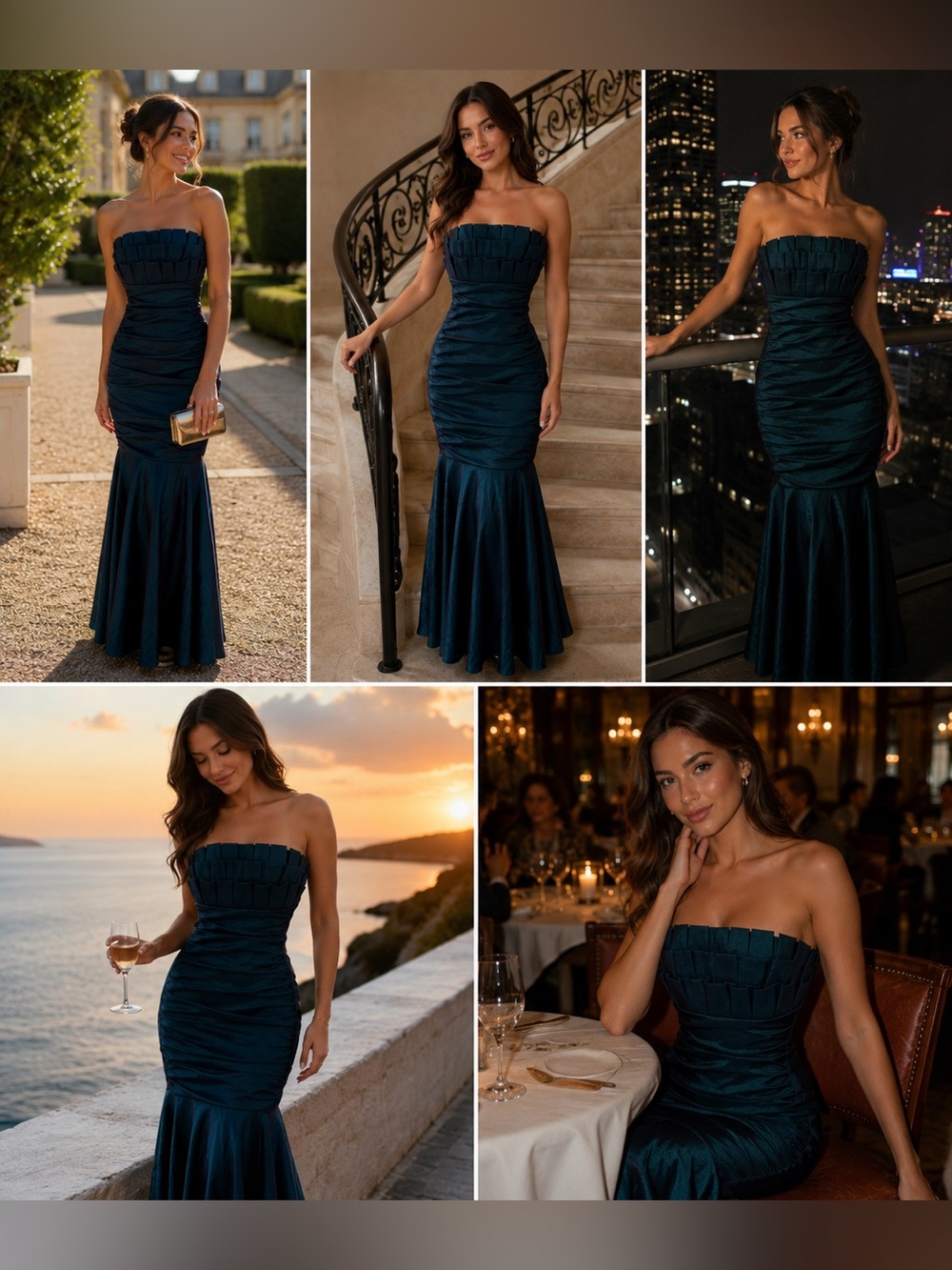 Xscape Strapless Pleated Bodice Ruched Mermaid Gown in Teal - Picture 4 of 16